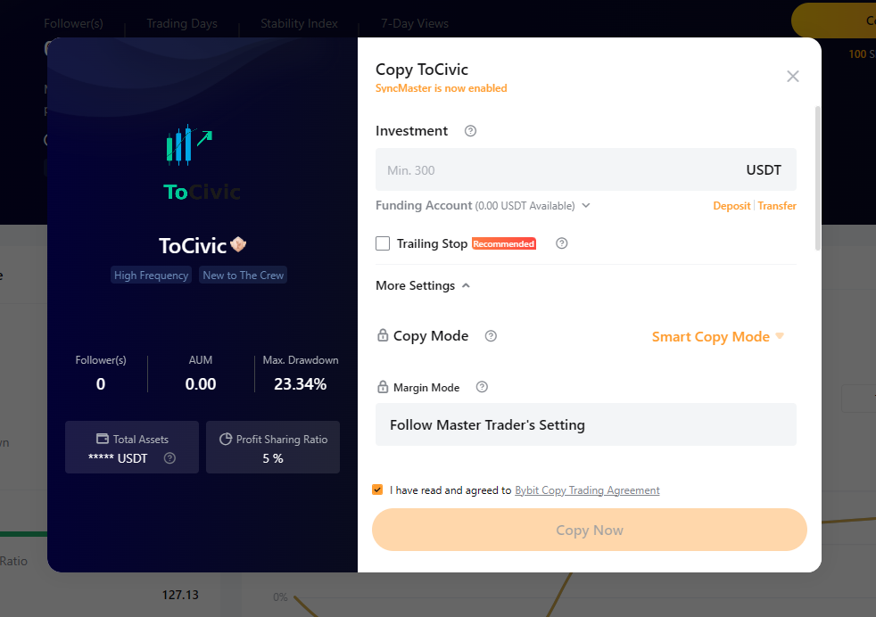 Tela de copy trading