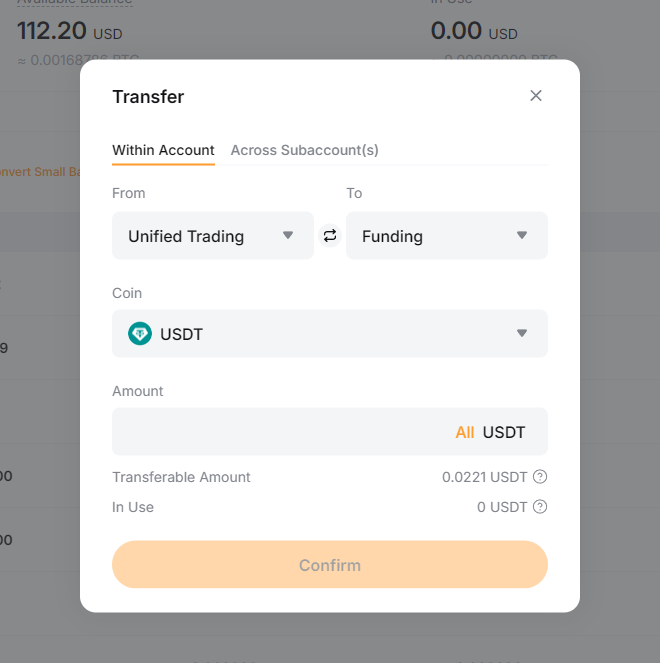 Transferência USDT para carteira de financiamento